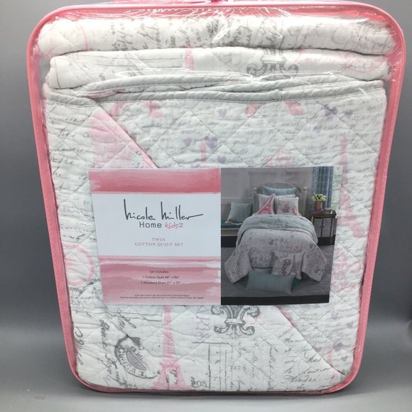 2pc Nicole Miller Paris TWIN Quilt Sham Eiffel Tower Fleur De Lis Pink Purple - Picture 7 of 9